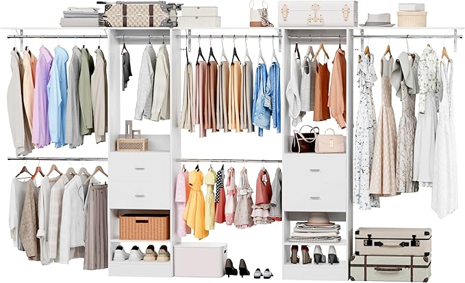 Closet System Set of 2, Closet Organizer System With 4 Wood Drawers, Walk-In Closet Storage System With 10 Hanging Rods, Adjustable Cloth Garment Rack, Fits Spaces 6Ft-14Ft, White