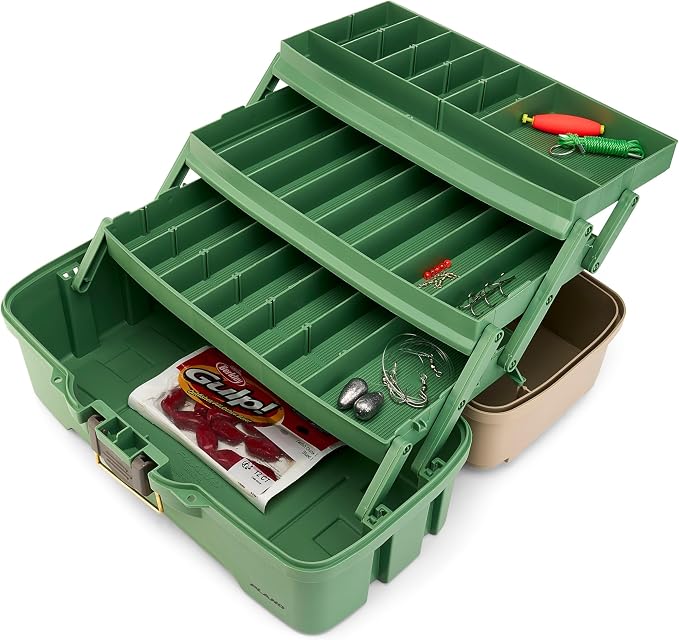 Plano Three-Tray Tackle Box Catfish Kit, Green/Tan, Rust-Proof Brass Latch, Top-Access Tray Compartments with Deep Storage, Made in the USA, Portable Fishing Gear Storage Organizer