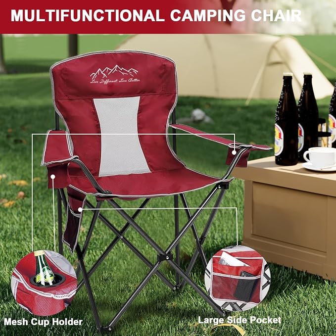 Camping Chairs for Adults Heavy Duty 400lbs Capacity, 2 Pack Folding Chair with Large Anti-Sink Feet & Cup Holder, Extra Wide Portable Outdoor Chair for Camping, Beach, Lawn, Fishing, Red
