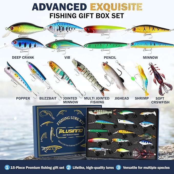 PLUSINNO Fishing Lures - Tackle Box, Bass Fishing Lures for Freshwater and Saltwater, Trout Fishing Gear & Bait, Fishing Gifts for Men,Father