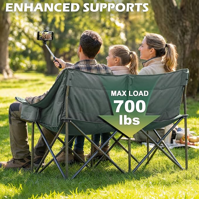 Youtanic 60" Extra Double Camping Chair, 700lbs Heavy Duty Padded Loveseat for Adults, Oversized 2 Person Folding Camp Couch with Dual Cup Holders, Portable Plaid Lawn Chair for Outside, Sports, Gray