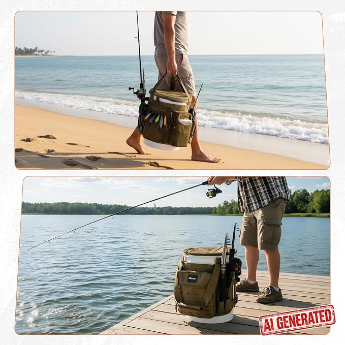 Goture Fishing Bucket Organizer for 5 Gallon Bucket, Heavy-Duty Waterproof Tackle Bag with 15+ Pockets, Ice Auger Holster & Secure Lock Straps for Ice Fishing Gear (Khaki, No Bucket)