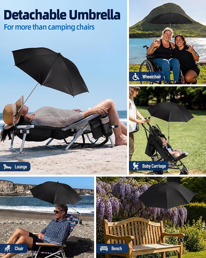 2PCS Camping Chairs with Detachable Umbrella, HaSteeL Folding Beach Chair for Adults, Large Portable Foldable Chair for Outdoors Fishing Hiking Travel Picnic Lawn, Supports 275lbs, Storage Bags, Black