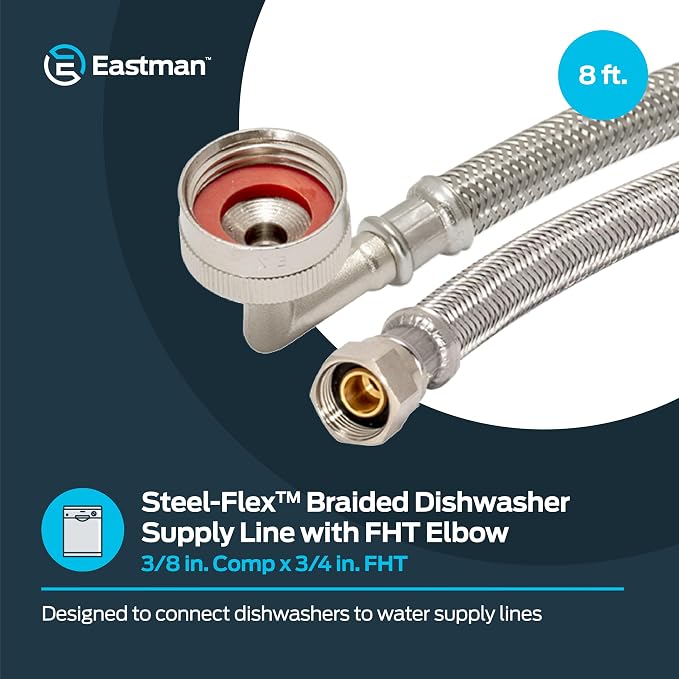 Eastman 8 foot Dishwasher Supply Line, 3/8 Inch Compression x 3/4 Inch FHT Elbow, Braided Stainless Steel Dishwasher Connectors, 41013