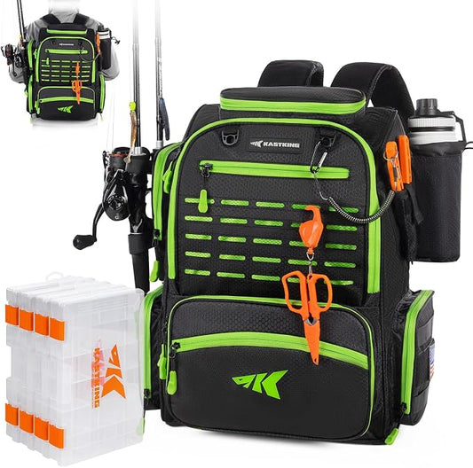 KastKing Bait Boss Fishing Tackle Backpack with Rod Holders-4 Tackle Boxes-Rain Cover,Storage for Fishing Gear