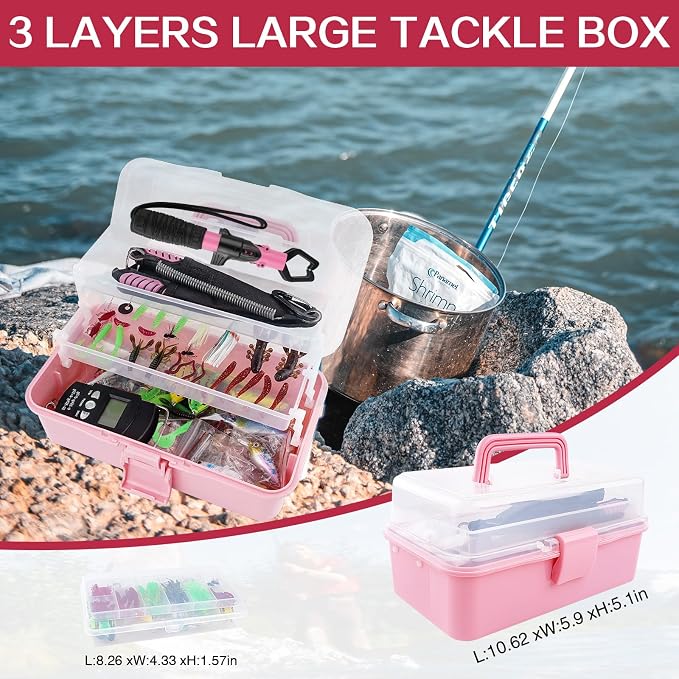 3-Layer Pink Fishing Tackle Box with Tackle Included, Fishing Tools Kit Includes Pliers Fish Lip Gripper Scale Crankbait Spinnerbaits Soft Baits Hooks, Ideal Gift for Angler Saltwater Freshwater
