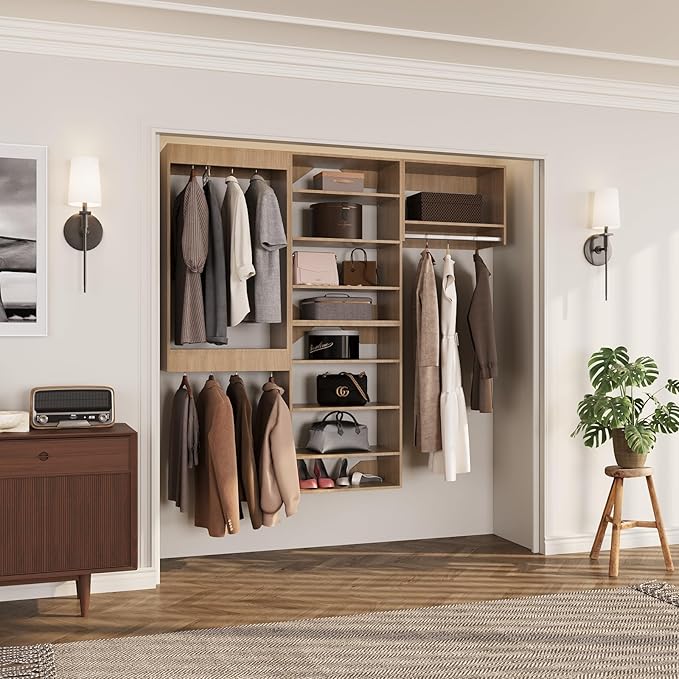 ROOMTEC Modular Closet System, 78" Wall-Mounted Closet Organizer with Hanging Rods, Modern Wooden Tower for Walk-In Closets, Wardrobe Storage Kit, Wood