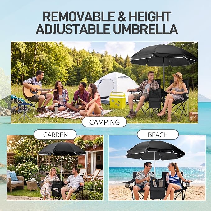 XL Double Folding Camping Chair with Removable Umbrella, Heavy Duty 480lbs Capacity Portable Love Seat with Cooler Bag, Cup Holders & Side Pocket for Beach, Fishing, Picnic, Black