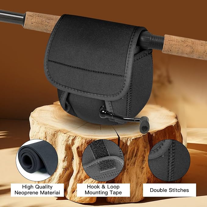 3-Size Fishing Reel Cover Pouch + 3 Black Fishing Rod Straps, Protective Reel Case for Baitcasting and Spinning Reels, Adjustable Fishing Rod Strap for Fishing Gear Storage