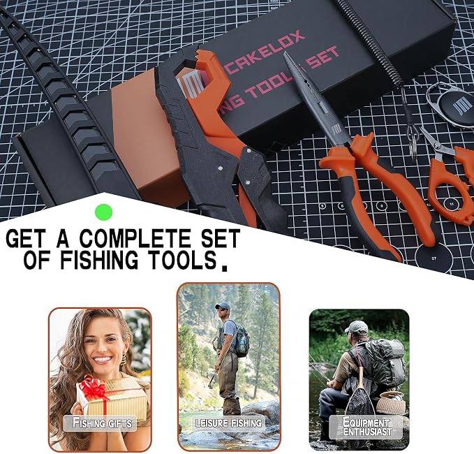 6pc Fishing Tool Kit - Safe Resistant Fishing Pliers with Lanyard, Fillet Knife, Floating Fish LipFishing Braid,Scissors Gripper, Tool Retractor, Fishing Gifts for Men