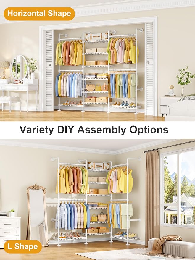 M6 Clothes Rack for Wall Mounted, Heavy Duty Closet Wardrobe System with 8 Shelves and 4 Hanger Rods, 68.5" W x 11.8" D x 86.6" H Clothing Storage Organizer for Holding 1064lbs, White