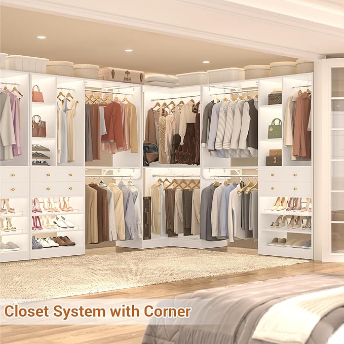 Closet System with 2 Drawers, 5 Hanging Robs, 4 Adjustable Shelves, 90.5"*31.5" Closet Organizer System with Corner Tower, L-shape Walk-in Closet System, Corner Closet System Set of 2, White
