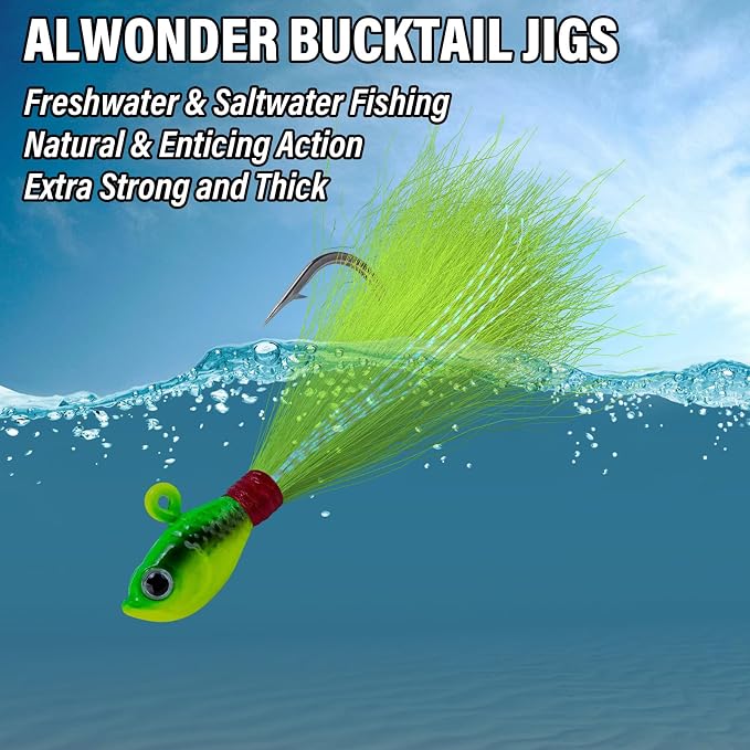 Alwonder 5-Pack Bucktail Jigs Hair Jigs Saltwater Freshwater Fishing Bucktail Lures Surf Fishing Jig Heads White Luminous Chartreuse Swimbait Jig for Bass Flounder Striper Bluefish Halibut Redfish