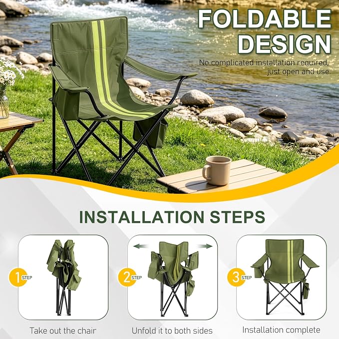 Outvita Heavy Duty Camping Chair with Insulated Cooler, 350LBS Folding Portable Chair with Cup Holder, Side & Back Pockets, Outdoor Foldable Chair for Camping Fishing Tailgating Beach