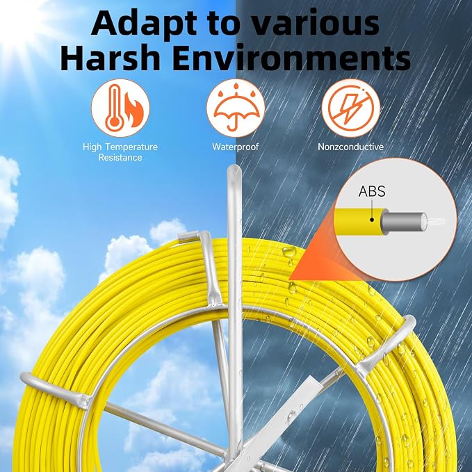 Fish Tape Fiberglass, 500FT, 1/4in, Duct Rodder Fish Tape Wire Puller, Electrical Fish Tape Cable Running Rod with Steel Reel Stand, Fishing Tools for Walls & Electrical Conduit