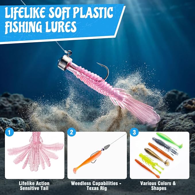 PLUSINNO Fishing Lures Kit, 211pcs Tackle Box with Tackle Included, Bass Fishing Kit with Pre-Rigged Jig Head Lures, Soft Baits, Hooks, Weights, Freshwater Fishing Gear for Walleye Crappie Trout