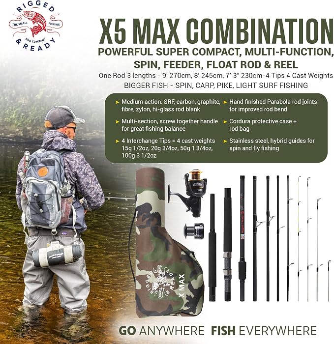 Rigged & Ready X Series™ Travel Fishing Rods. 6 Super Compact Combos and Rods, Multi-Functional, Spinning Poles. 5 to 25 Techniques from one Rod. Spin, Bass, Carp, Fly. Fresh & Saltwater Angling.