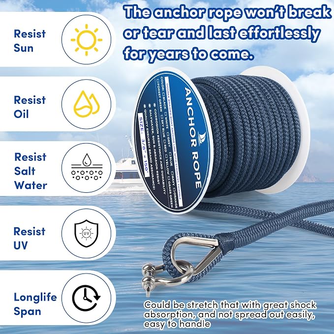 Boat Anchor Rope 150 ft x 3/8 inch Navy Blue, Double Braided Anchor Line with Stainless Steel Thimble & Shackle, Marine Rope Ideal for Towing,Mooring,Decks,Anchoring,for Boats Up to 27'