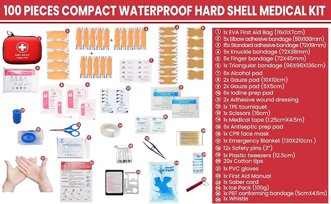 All-in-One Compact First Aid Kit with Waterproof Hard Shell Case – 100 Medical Supplies for Home, Car, Travel, and Outdoor Emergencies