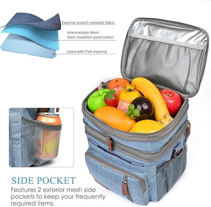 MIYCOO Lunch Bag & Lunch Box for Men Women, Double Deck Leakproof Insulated Soft Large Adult Camping Cooler bag for Work, Beach, Picnic, Travel (Blue, 15L)