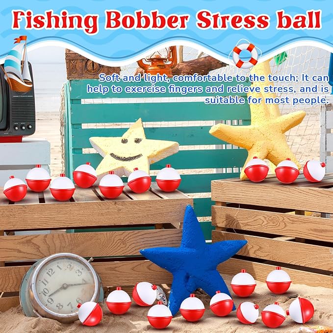 Libima 100 Pcs 2'' Fishing Bobber Stress Ball Squeeze Fidget Toy Themed Party Favor Fun Stress Relief Toy for Teen Adult Improve Grip Strength Release Pressure Finger Exercise