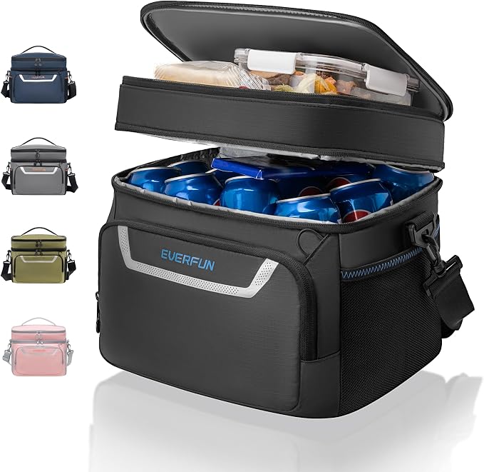 EVERFUN Small Compact Cooler Bag 24/48 Can Insulated Lunch Box Double Deck Soft Leak-Proof Waterproof Collapsible Ice Chest for Men Women Work Travel Car Trip Picnic Beach
