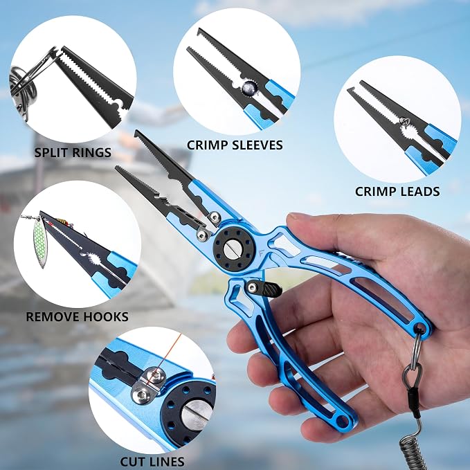 FLISSA Fishing Pliers, Safety Lock Design Fish Pliers Saltwater, Aluminum Hook Remover, Titanium 6Al-4V Jaw and Tungsten Carbide Line Cutters, Sheath & Lanyard, Fishing Gear Gifts for Men
