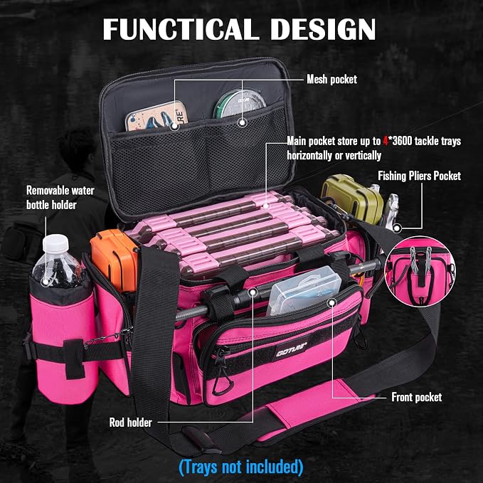 Goture Fishing Tackle Bag, 600D Water-Resistant Soft Side Crossbody Sling Bag with Rod Holder,Small Gear Storage Tactical Bags for Saltwater & Freshwater,Fits 4 3600 Tackle Boxes (Not Included)