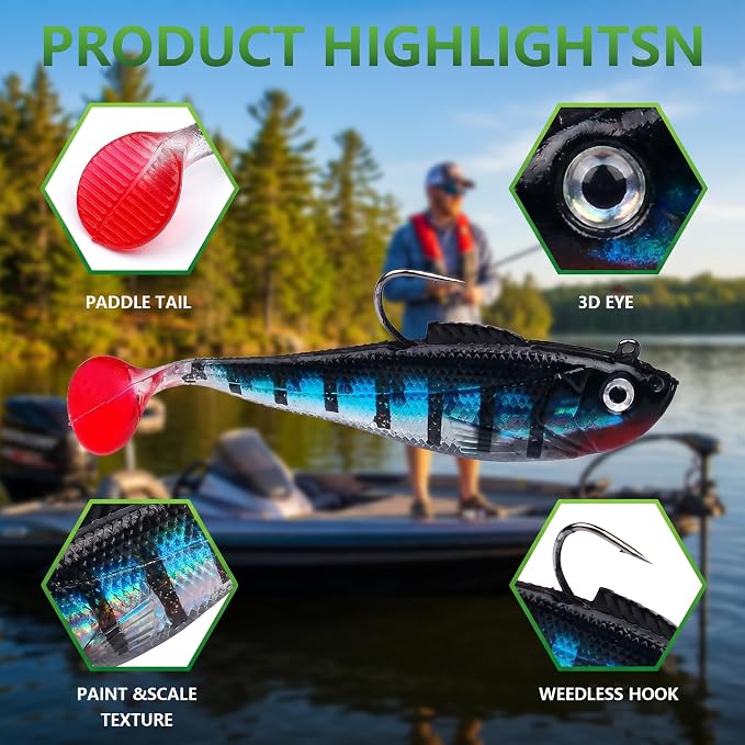 Soft Fishing Lures for Bass Fishing:Pre-Gigged Swim Baits for Saltwater or Freshwater.Soft Plastic Fishing Accessories.