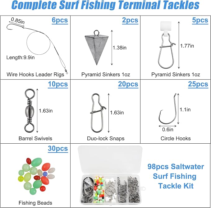 Saltwater Surf Starter Fishing Tackle Kit - 98pcs Surf Fishing Rig Fish Finder Rig Live Bait Rigs Pyramid Weights Fishing Hooks Swivels Sinker Slider Surf Begginner Fishing Tackle Accessories