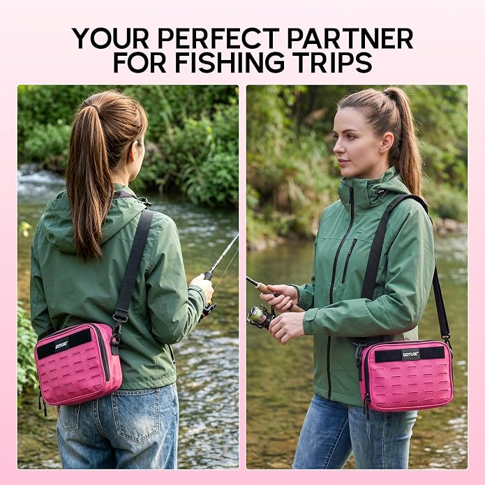 Goture Fishing Tackle Bag, Bait Storage Binder with Detachable PVC Clear Sleeves, 900D Water-Resistant Pink Sling Bag, Soft Bait Hooks Sinkers Fishing Accessories Storage for Saltwater & Freshwater