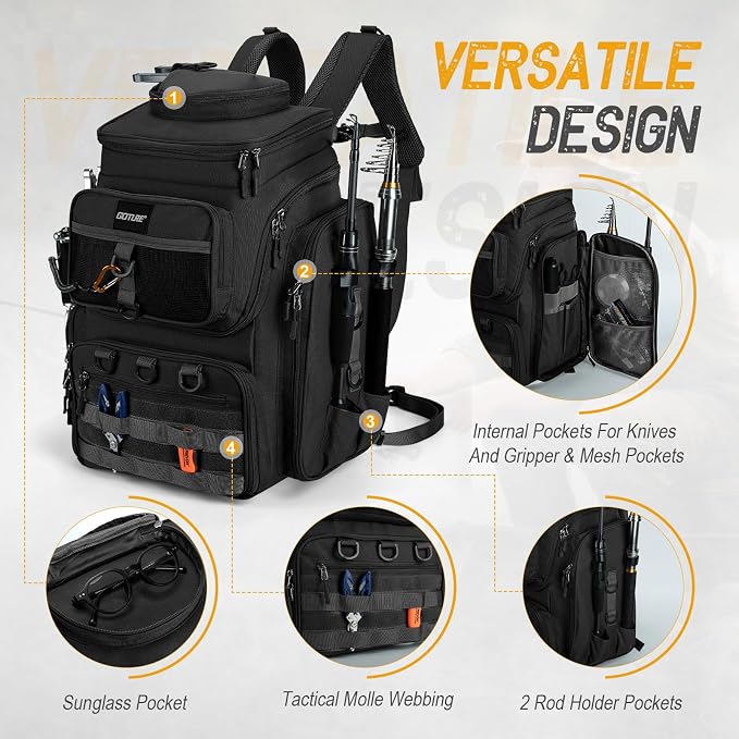 Goture Fishing Backpack, 900D Water-Resistant Tackle Bag with Rod Holders, Insulated Cooler Compartment, 55L Large Capacity Fishing Gear Storage for Saltwater&Freshwater Camping Hiking,Gifts for Men