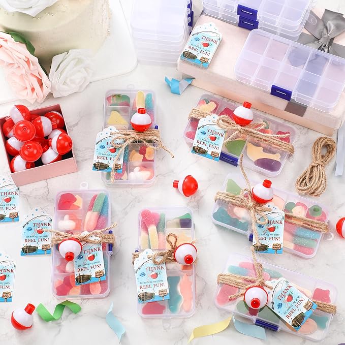 Wonderjune 24 Sets Fishing Party Favors Candy Little Tackle Boxes with Red White Floater Thank You Cards for Making My Reel Fun Fishing Theme Party Decorations