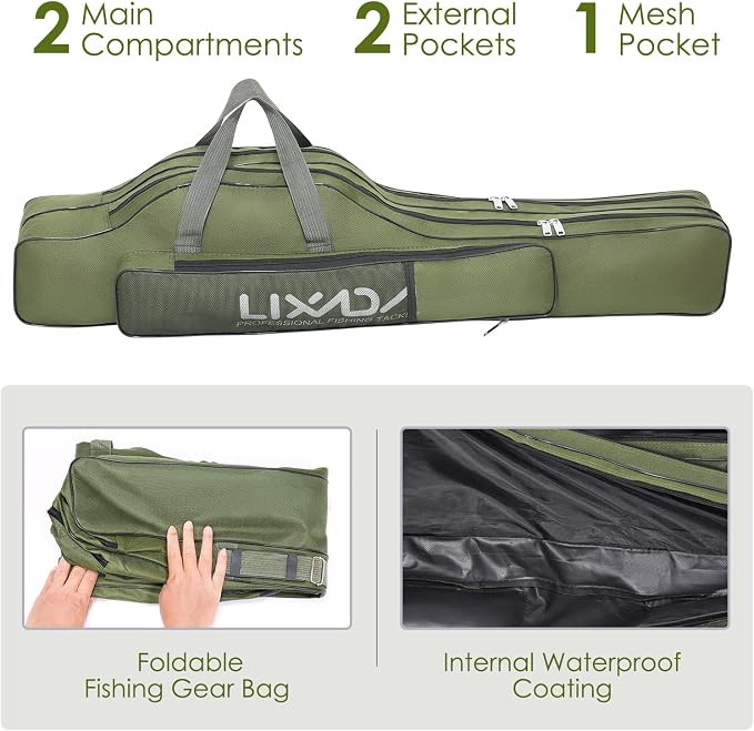 Lixada Fishing Rod Case, Portable Folding Fishing Rod Case Fishing Pole Reel Storage Bag Fishing Gears Organizer