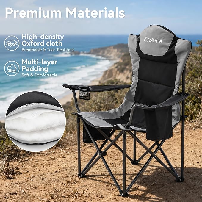 Aohanoi Camping Chairs for Heavy People,Folding Lawn Chairs for Outside Heavy Duty,Outdoor Oversized Chairs for Adult with Cup Holder and Large Cooler Bag,Beach Camp Chairs Supports up to 500lbs