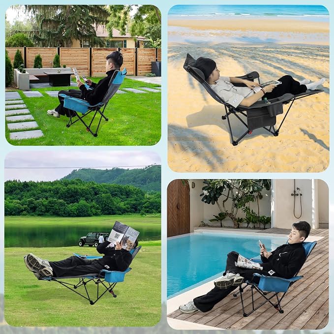 2-Pack Reclining Camping Chair 4 Position with Foot Rest Comfortable for Adults 265Ibs Folding Lounger Mesh Beach Chair with Cooler Bag,Cotton Cushion and Cup Holder for Outdoor Patio