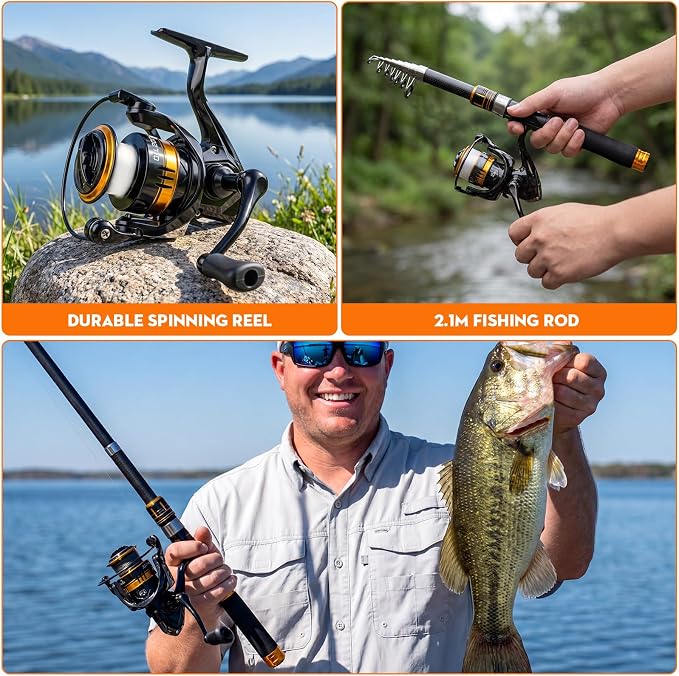 Fishing Backpack with Spinning Rod Reel Combos Tackle Box,Portable Travel Fishing Rods Kit,Fishing Sling Tackle Bag with Rod Holders,Fishing Gear Gifts for Men with Fishing Lures,Pliers