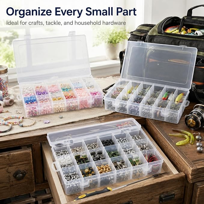 APACALI 6 Pack Plastic Organizer Box with Dividers, 18 Grids Clear Tackle Box Organizer, Adjustable Compartment Storage Boxes for Beads, Jewelry, Crafts, Fishing Lures, Screws and Small Parts