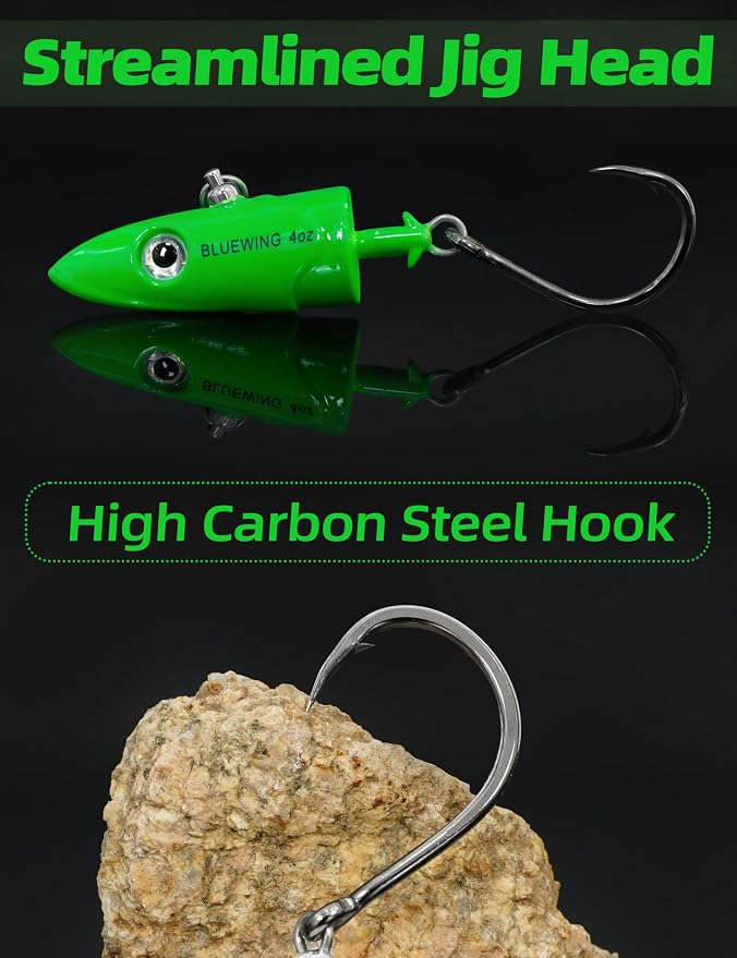 BLUEWING Jig Heads Saltwater 2oz,3oz,4oz,5oz,6oz,7oz Swimming Jigheads 1pc with High Carbon Steel Swing Hook and 6in/9in Replacement Tail Big Game Fishing Lures
