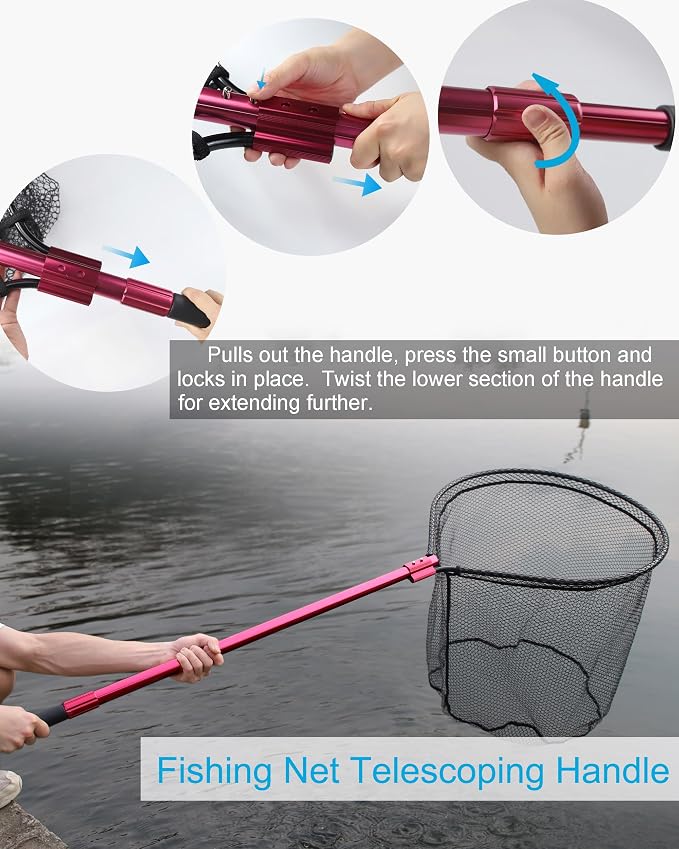 Large Rubber Fishing Net Heavy Duty Extra Large Aluminum Landing Net for Saltwater Fish Net Telescoping Handle with 6pcs Soft Jig Swimbait, Extends to 72-94in