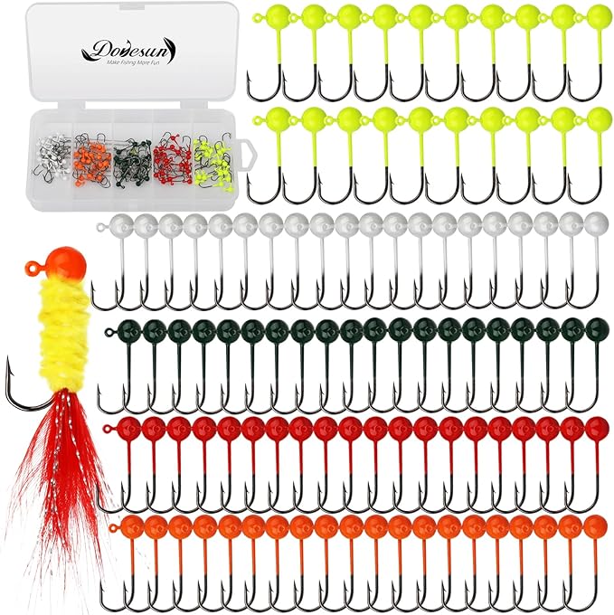 Dovesun 100pcs Fly Tying Jigs Kit, Jig Heads for Fly Fishing 1/124oz 1/80oz 1/64oz 1/32oz 1/16oz Jig Head Small Fly Fishing Hooks DIY Lure Making Kit Suit for Tying Flies | Crappie Lures