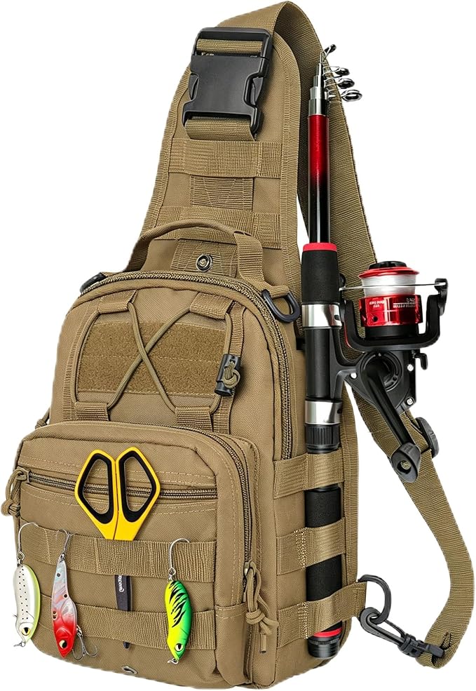 Fishing Backpack Small Fishing Tackle Storage Bag with 3 Methods of Carrying Large Capacity Sling Backpack for Outdoor Hiking Travel Hunting (Khaki)