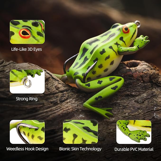 Soft Frog Lures, Topwater Swimbaits for Bass Fishing, Realistic PVC Design, Weedless Hooks, Perfect for Freshwater & Saltwater, Effective Fishing Lures for Pike & Snakehead