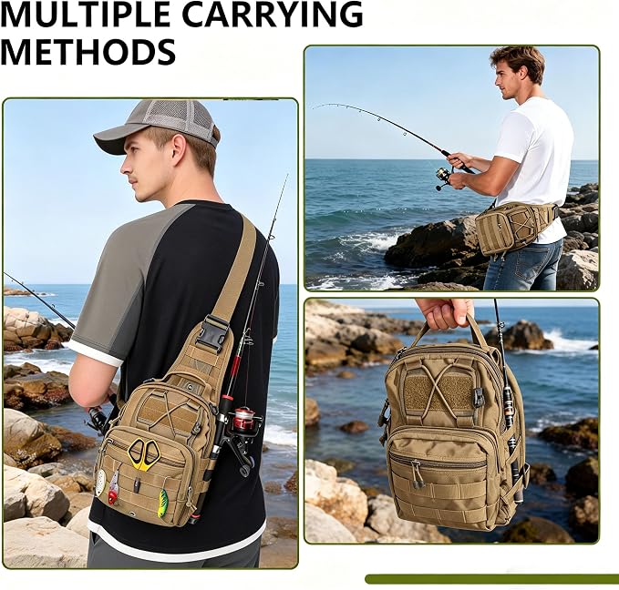Fishing Backpack Small Fishing Tackle Storage Bag with 3 Methods of Carrying Large Capacity Sling Backpack for Outdoor Hiking Travel Hunting (Khaki)