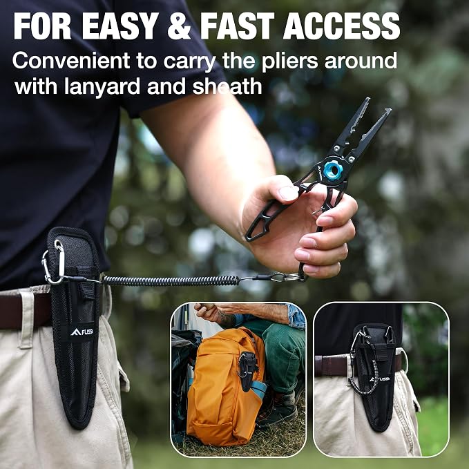 FLISSA Fishing Pliers, Safety Lock Design Fish Pliers Saltwater, Aluminum Hook Remover, Titanium 6Al-4V Jaw and Tungsten Carbide Line Cutters, Sheath & Lanyard, Fishing Gear Gifts for Men