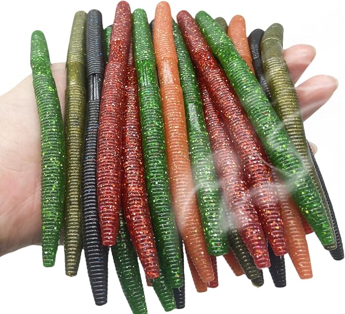 30 Pcs 5.5" /0.35oz,4"/0.2oz Senko Wacky Worms Soft Fishing Lures，Classics/Soft,5 Colors Mixed Kit Plastic Worm Stick Baits for Bass Freshwater Saltwater Fishing