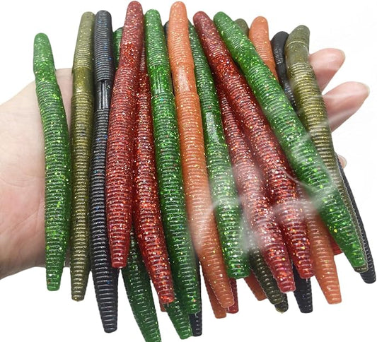 30 Pcs 5.5" /0.35oz,4"/0.2oz Senko Wacky Worms Soft Fishing Lures，Classics/Soft,5 Colors Mixed Kit Plastic Worm Stick Baits for Bass Freshwater Saltwater Fishing