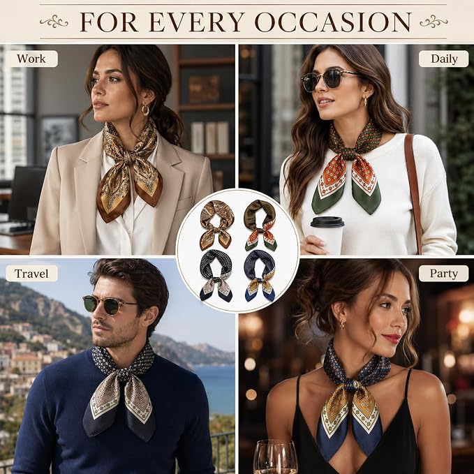 4PCS Neck Scarf Bandanas for Men and Women, Silk Feeling Head Scarfs, Fashion Neckerchief Square Purse Scarf