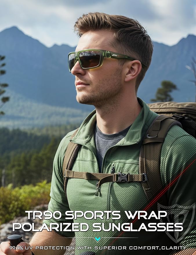ATTCL Polarized Sunglasses Men Sports: UV Protection Lightweight TR90 Frame Anti-Slip Wrap-Around for Driving Fishing Golf
