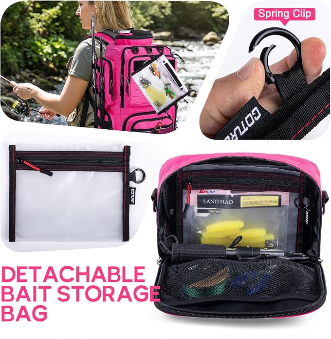 Goture Fishing Tackle Bag, Bait Storage Binder with Detachable PVC Clear Sleeves, 900D Water-Resistant Pink Sling Bag, Soft Bait Hooks Sinkers Fishing Accessories Storage for Saltwater & Freshwater